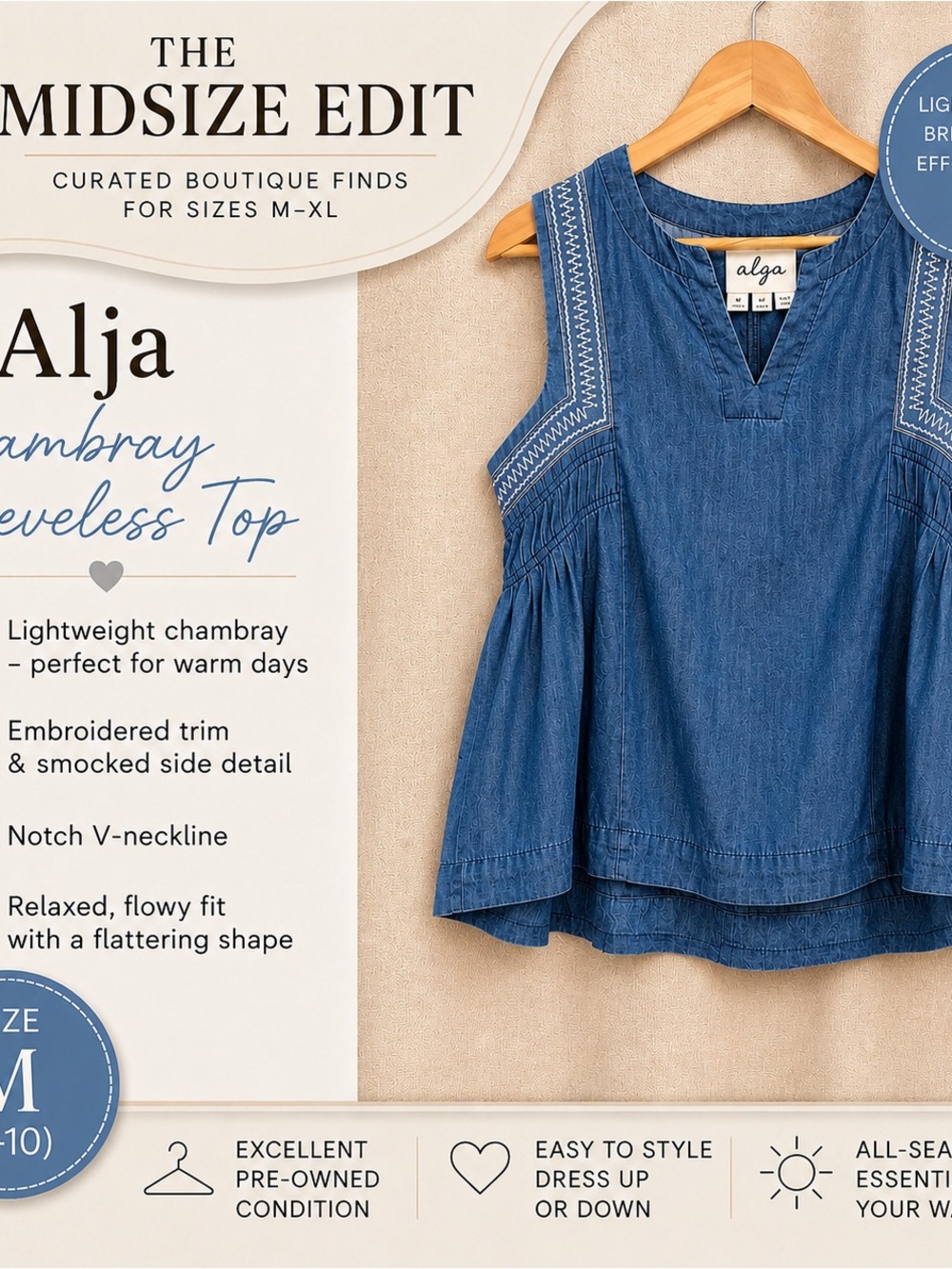 Alja Chambray Embroidered Sleeveless Peplum Top | Boho Denim Blouse | Medium